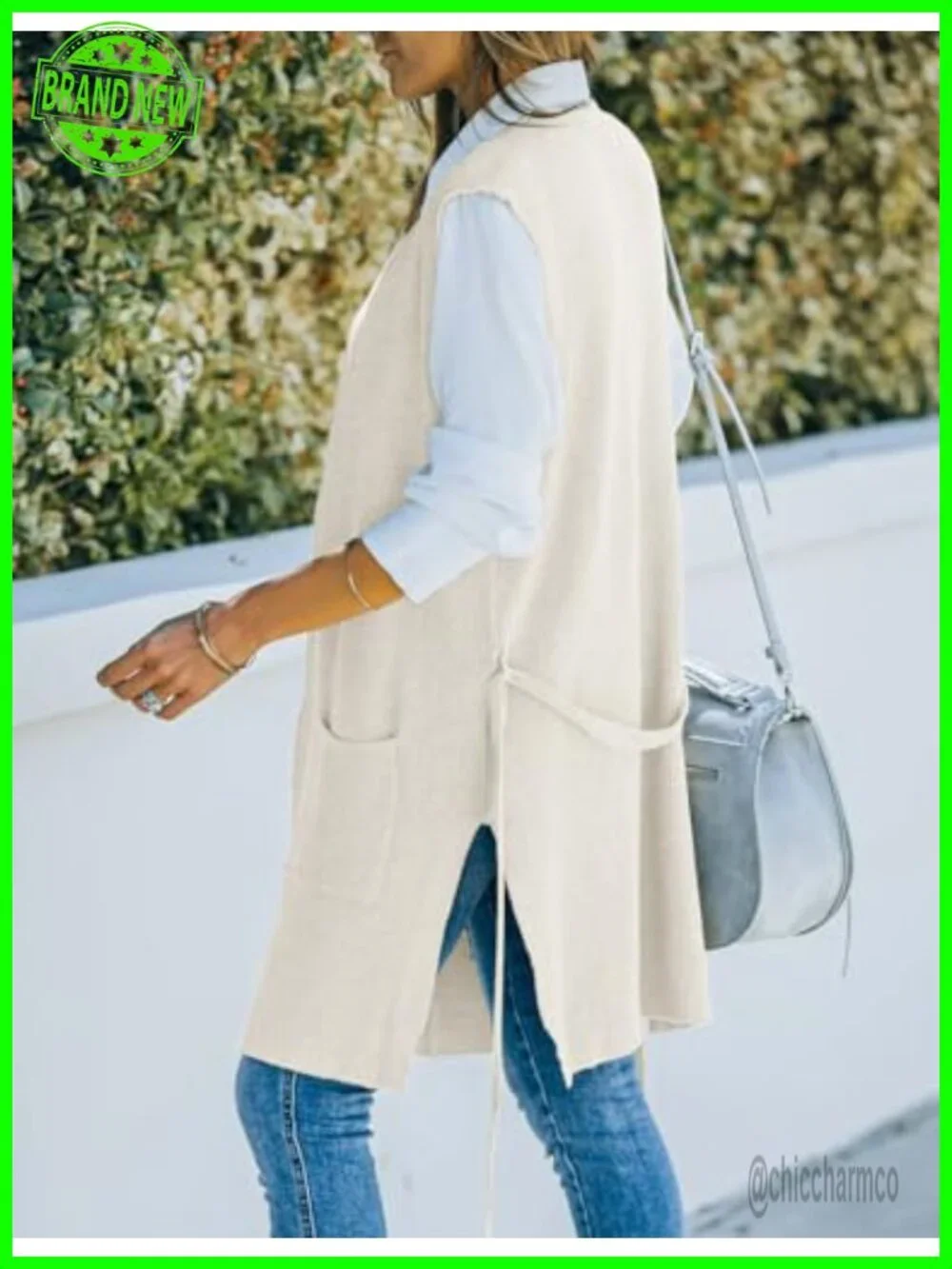Long Open Front Sweater Vest with Pockets and Self Belt